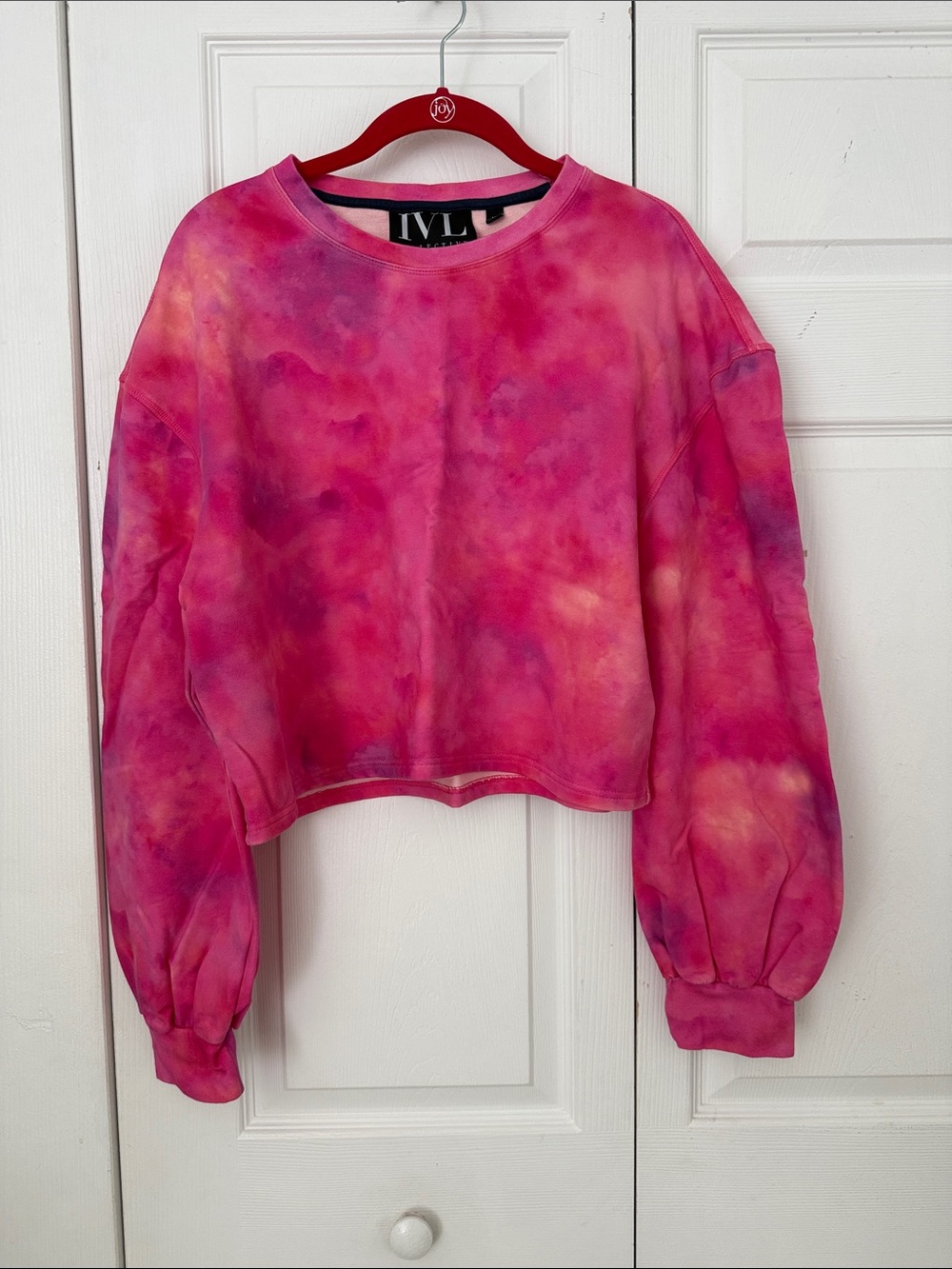 IVL Pink Tie-Dye Cropped Sweatshirt with Puff Sleeves Size 10